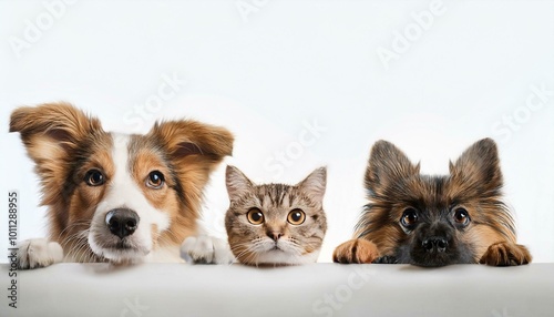 A group of cute puppies and dogs, including two adorable chihuahua puppies, sitting together in a studio on a white background