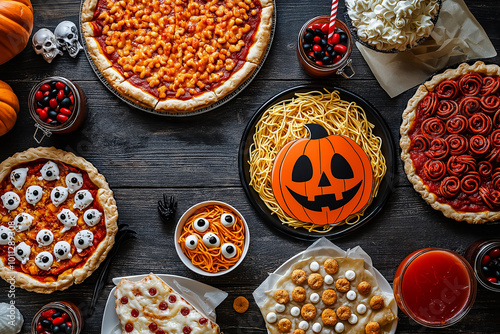 Halloween-themed food spread with jack-o'-lantern pizza, spooky snacks, candies, and pumpkins, perfect for festive celebrations, parties, and themed holiday gatherings.