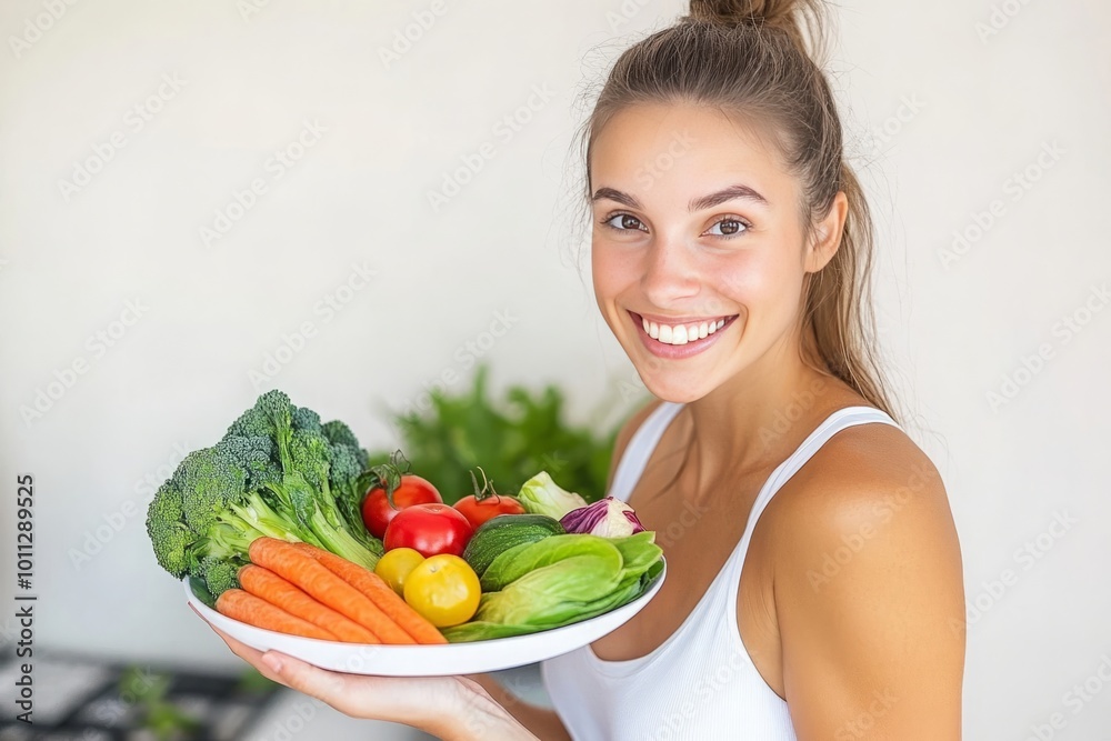 A beautiful smiling nutritionist holding a plate of fresh vegetables, looking at the camera with a welcoming expression. The image features bright natural lighting and a clean consultation room A beautiful smiling nutritionist holding a plate of fresh vegetables, looking at the camera with a welcoming expression. The image features bright natural lighting and a clean consultation room