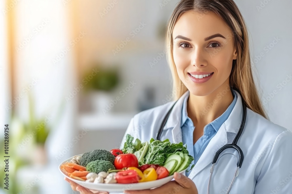 A beautiful smiling nutritionist holding a plate of fresh vegetables, looking at the camera with a welcoming expression. The image features bright natural lighting and a clean consultation room A beautiful smiling nutritionist holding a plate of fresh vegetables, looking at the camera with a welcoming expression. The image features bright natural lighting and a clean consultation room