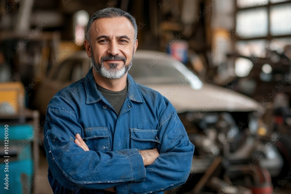 A Mechanic Standing in His Workshop, Arms Crossed, Smiling Confidently A Mechanic Standing in His Workshop, Arms Crossed, Smiling Confidently