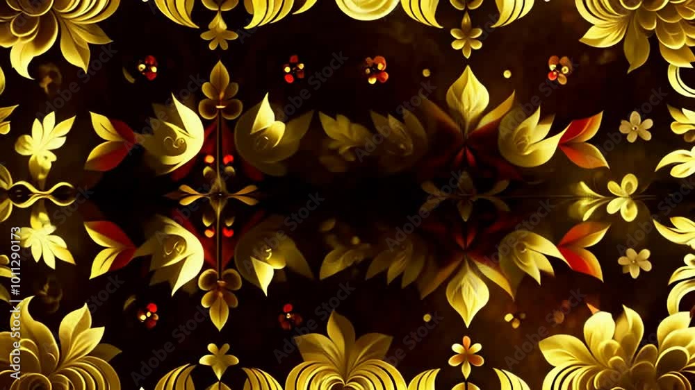 A gold and red floral design is reflected in a mirror