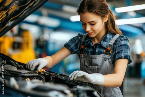 Female Mechanic Working on a Car Engine