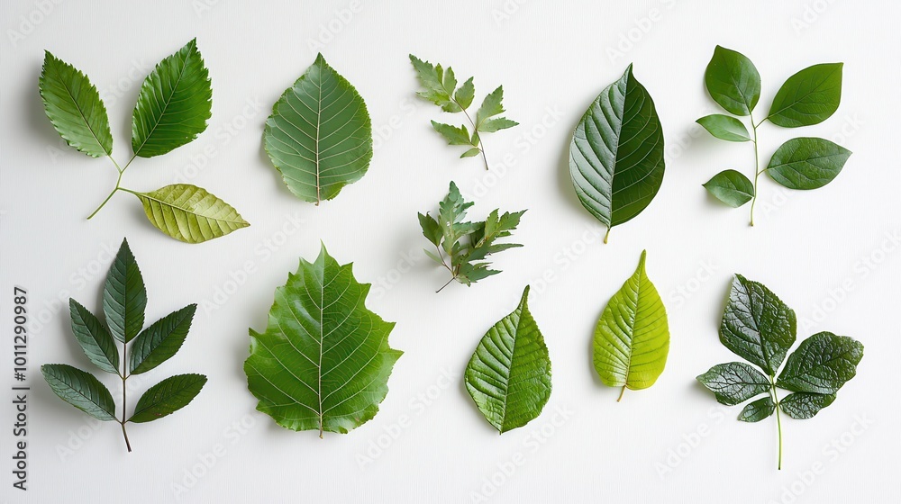 A collection of assorted leaves in varying shapes and sizes, artfully scattered on a clean white surface.