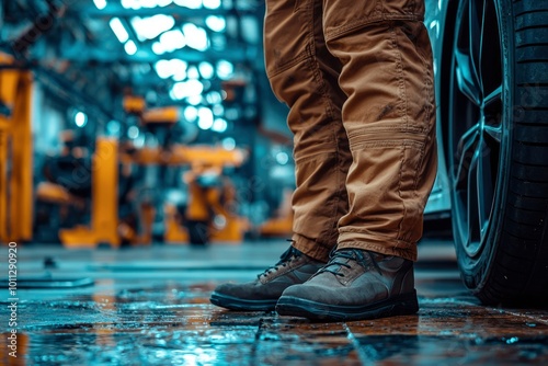 Close-up of a mechanic's boots in an auto repair shop photo