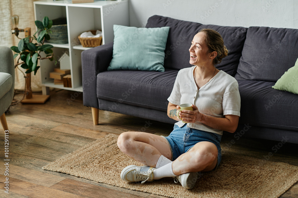 Obraz premium A woman with vitiligo sits happily on the floor, enjoying a warm drink.