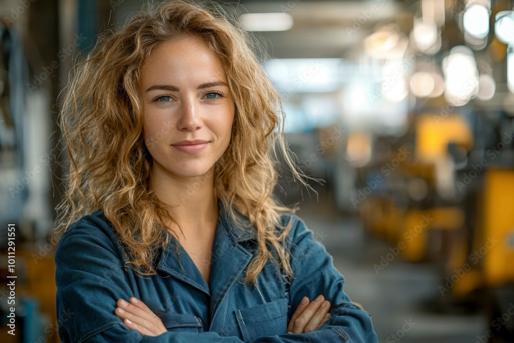 A Confident Woman in Blue Workwear Stands in a Factory A Confident Woman in Blue Workwear Stands in a Factory
