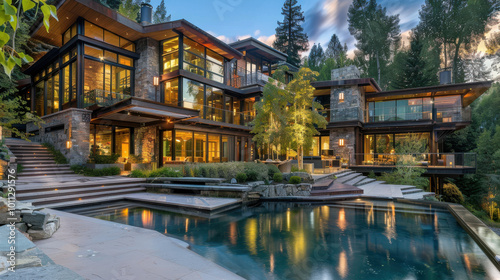 horizontal image of a modern luxury home seen from the backyard