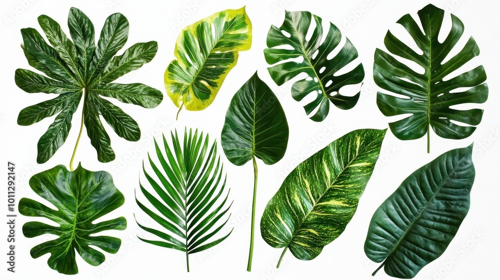 A collection of large tropical leaves with intricate patterns, beautifully displayed on a bright white background. A collection of large tropical leaves with intricate patterns, beautifully displayed on a bright white background.