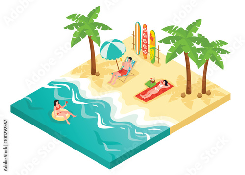 Isometric Beach Scene with Relaxing People