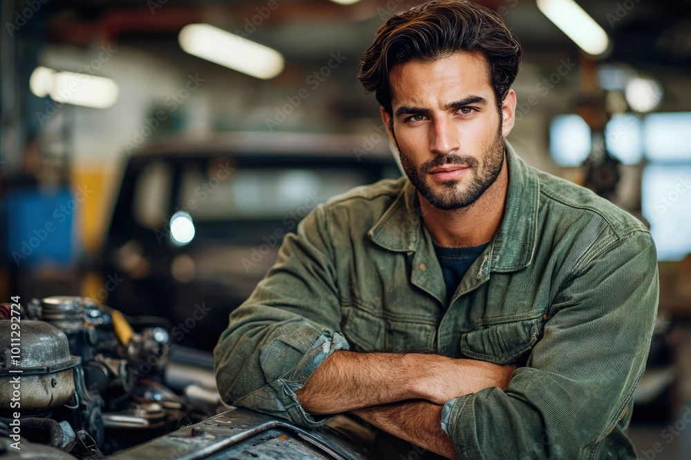 A Mechanic Leaning on a Car Engine with Arms Crossed A Mechanic Leaning on a Car Engine with Arms Crossed