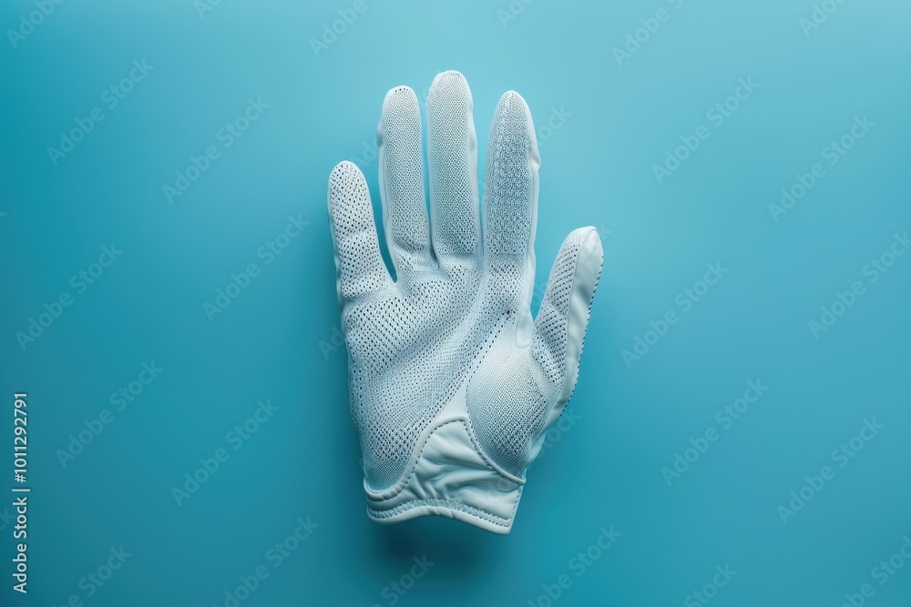 A single white glove resting on a turquoise background, showcasing its detailed texture and design A single white glove resting on a turquoise background, showcasing its detailed texture and design