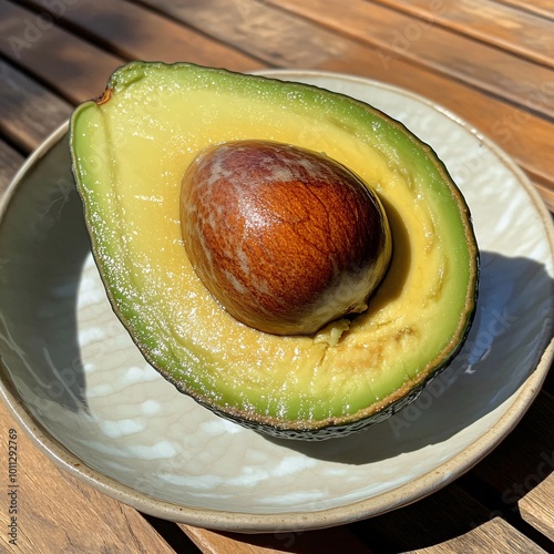 Ripe Avocado Half with Seed on Plate Healthy Food Fruit Vegan Organic Diet Nutritio photo