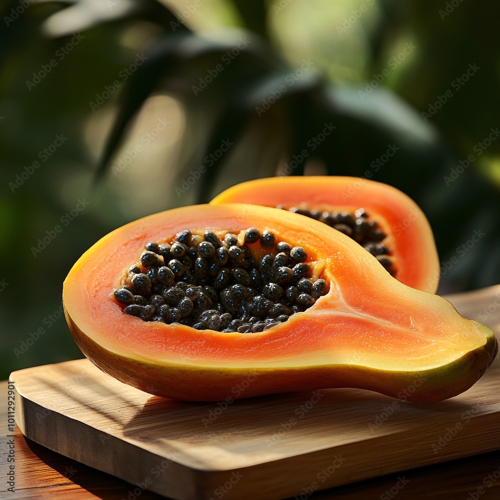 Ripe Papaya Fruit Sliced on Wooden Cutting Board with Black Seeds Tropical Food Photogra Ripe Papaya Fruit Sliced on Wooden Cutting Board with Black Seeds Tropical Food Photogra