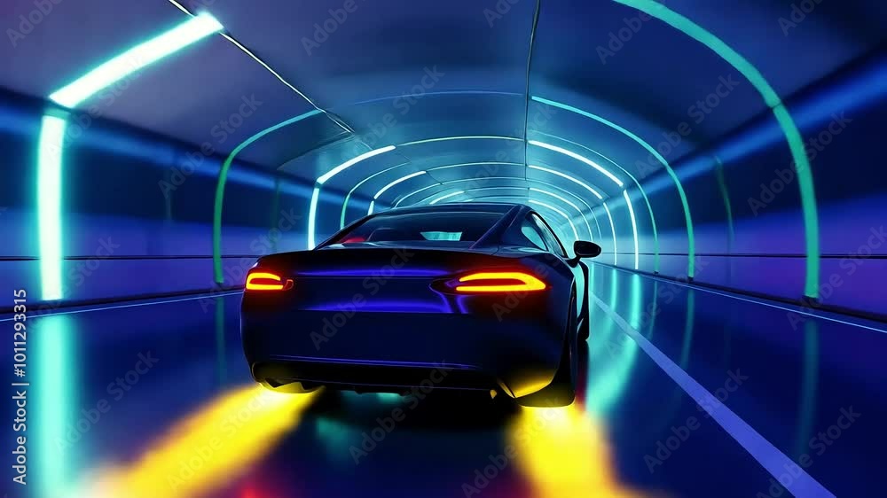 Sleek black car racing through a futuristic tunnel, illuminated by vibrant, glowing lights. The scene captures a fusion of technology and innovation in a dazzling, colorful setting Sleek black car racing through a futuristic tunnel, illuminated by vibrant, glowing lights. The scene captures a fusion of technology and innovation in a dazzling, colorful setting