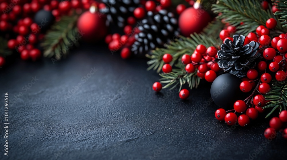 Red and black holly berries and leaves, arranged on a Christmas table, 3D illustration Red and black holly berries and leaves, arranged on a Christmas table, 3D illustration