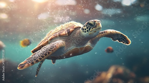 Majestic Sea Turtle Swimming in Deep Abyss photo