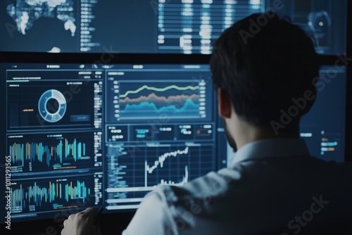 A person analyzing a detailed business financial dashboard filled with vibrant data visualizations, aiming to optimize the company's performance in a bright and strategically focused setting that prom