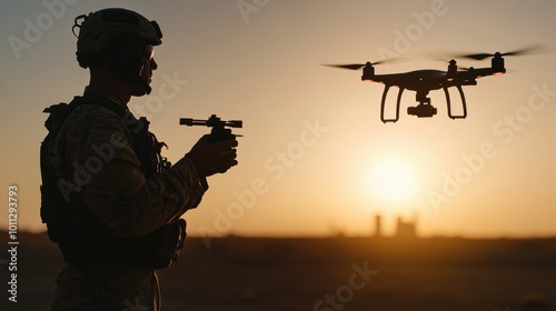 A silhouette of a soldier operating a drone for military combat or scouting, against a plain background, soft lighting effects,  ideal for themes of defense, technology, and tactical operations. photo