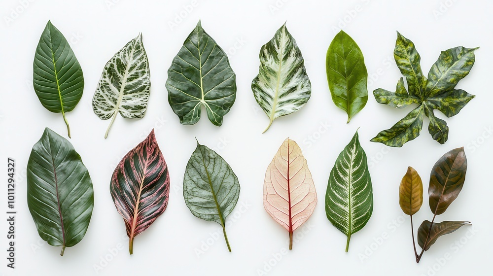Fototapeta premium A collection of tropical leaves artfully arranged on a clean white backdrop, showcasing their unique shapes and colors.