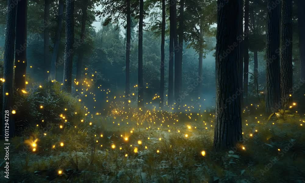 A mystical forest scene illuminated by glowing fireflies in a serene, foggy atmosphere. A mystical forest scene illuminated by glowing fireflies in a serene, foggy atmosphere.