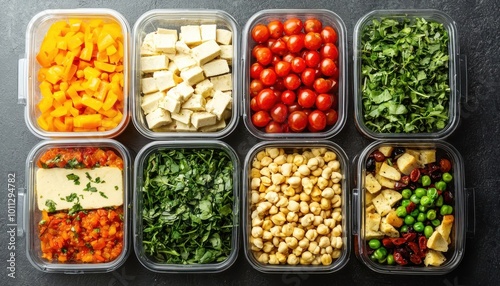 Healthy Meal Prep Containers with Vegetables Tofu Chickpeas and Herbs