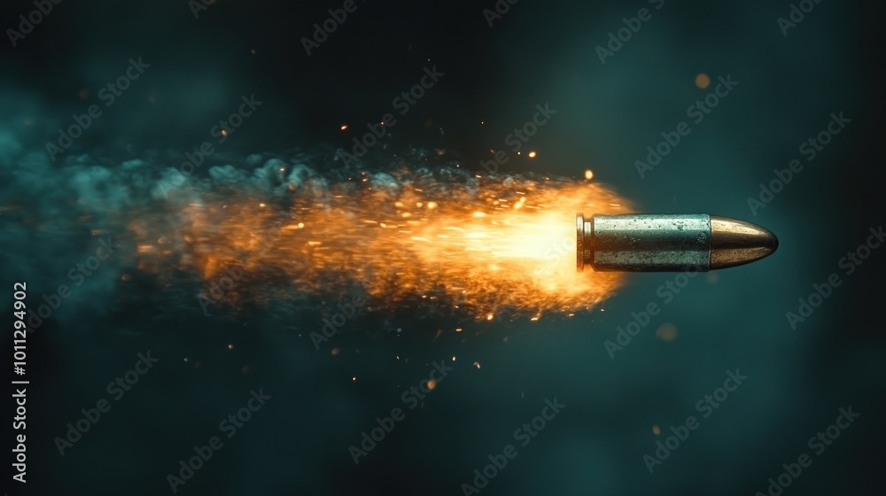 A bullet in motion with flames and smoke, depicting speed and power. A bullet in motion with flames and smoke, depicting speed and power.