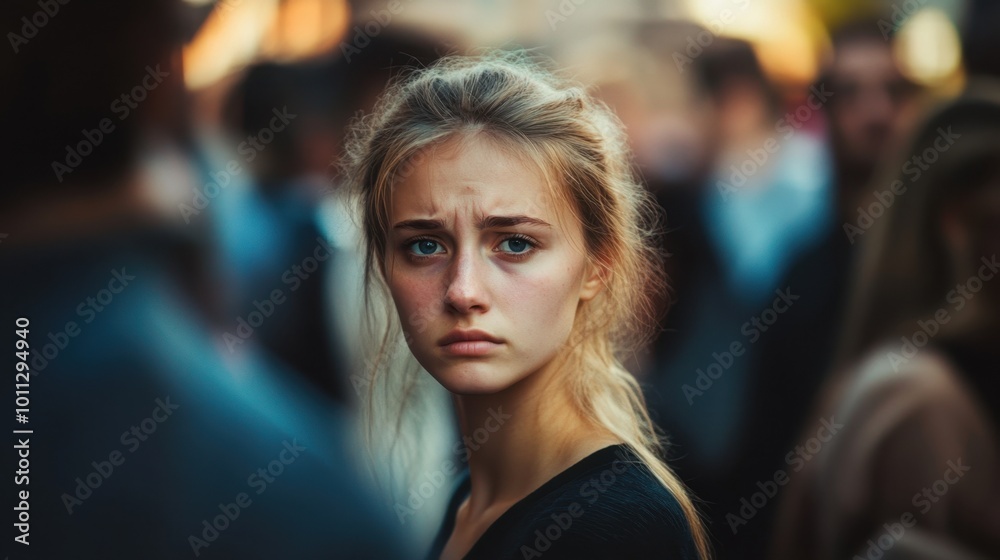 woman standing alone in a crowd looking at camera, her face reflecting deep emotions of anxiety and depression, woman standing alone in a crowd looking at camera, her face reflecting deep emotions of anxiety and depression,