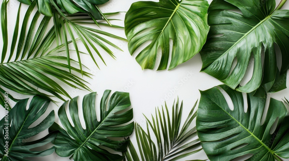 A collection of tropical leaves, including banana and palm, displayed artistically on a white background for a lively feel.