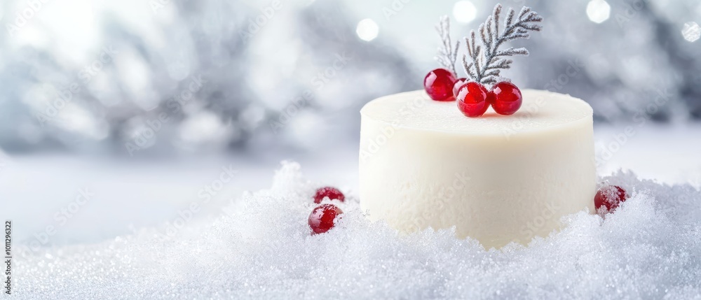 Frost touched cream dessert, served on a bed of ice crystals, surrounded by a winter landscape, winter frost, artistic winter dining Frost touched cream dessert, served on a bed of ice crystals, surrounded by a winter landscape, winter frost, artistic winter dining