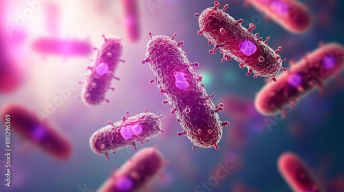 Bacteria adapting to antibiotic treatments, molecular evolution, 3D illustration