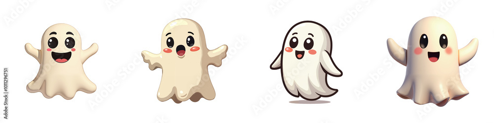 A set of cute cartoon ghosts in different poses isolated with no background. Collage of spirit illustrations for Halloween A set of cute cartoon ghosts in different poses isolated with no background. Collage of spirit illustrations for Halloween