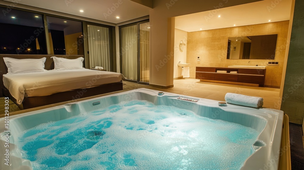 Obraz premium Hot water jacuzzi in a stylish hotel spa, representing comfort and relaxation in a luxurious apartment setting.