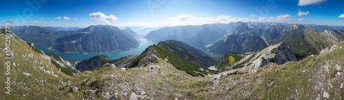 Panoramic view from the mountain Seebergspitze down to the lake Achensee in the Austrian alps. photo