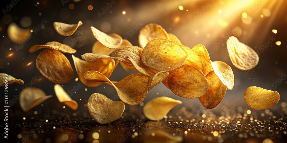 Papas fritas doradas volando con iluminación dramática y efectos de desenfoque Papas fritas doradas volando con iluminación dramática y efectos de desenfoque