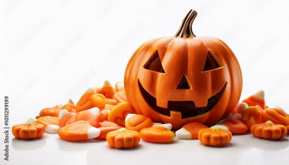 A carved pumpkin with a spooky, smiling face, glowing in the dark, symbolizing Halloween and the autumn season on white background A carved pumpkin with a spooky, smiling face, glowing in the dark, symbolizing Halloween and the autumn season on white background