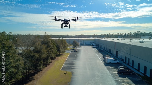 A drone capturing footage of a large factory as part of an advanced perimeter security system.