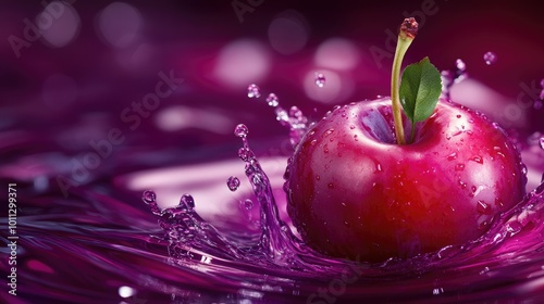 Juicy plum in a splash of liquid, vibrant drops surrounding it, symbolizing freshness and ripeness. photo