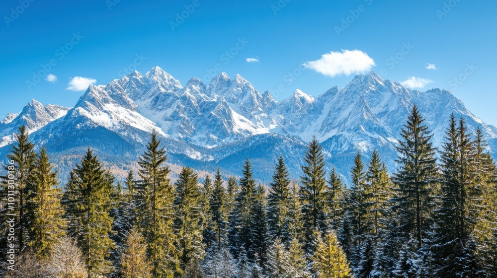 Snowy Mountain Range with Clear Blue Skies and a Foreground of Pine Trees Snowy Mountain Range with Clear Blue Skies and a Foreground of Pine Trees