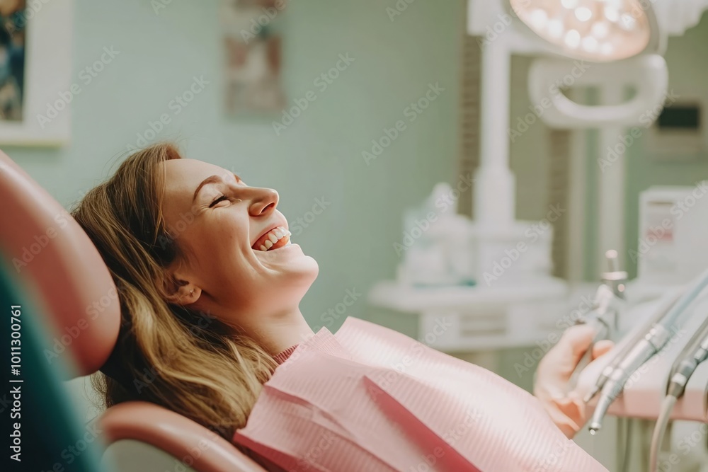 A patient smiling joyfully while reclining in a dental chair, exuding a sense of comfort and satisfaction in a friendly clinic environment, illuminated by clear