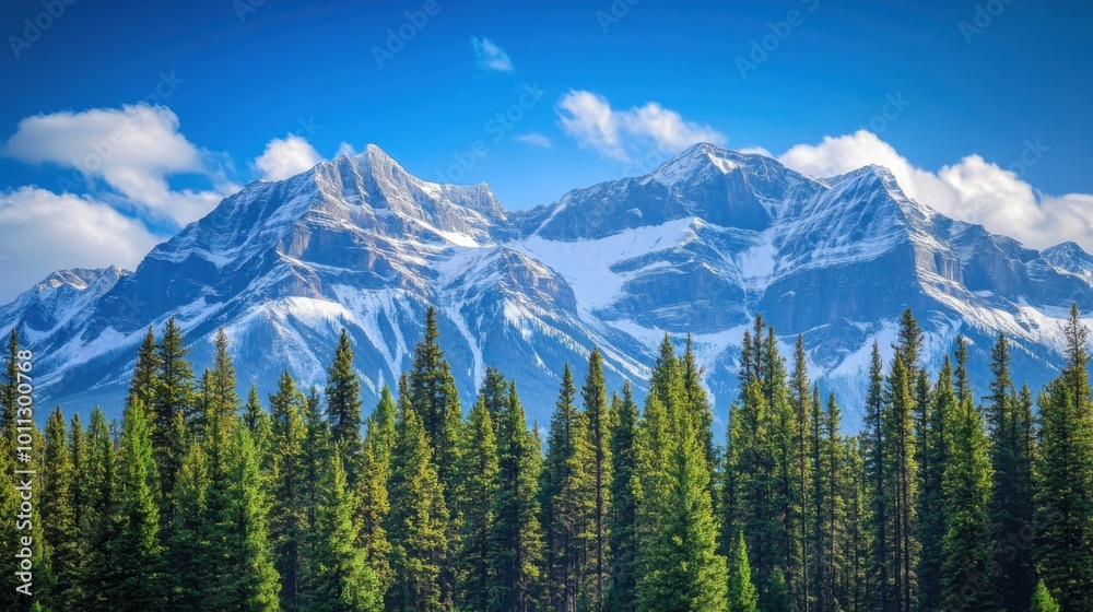 Snowy Mountain Range with Clear Blue Skies and a Foreground of Pine Trees Snowy Mountain Range with Clear Blue Skies and a Foreground of Pine Trees