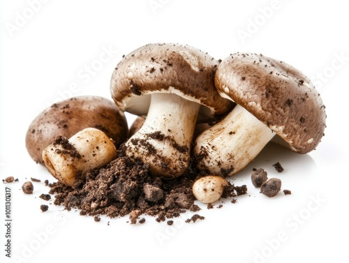 Collection of Fresh Porcini (Boletus Edulis), buttton and shitake Mushrooms with Soil and Whole Varieties – Gourmet Wild Fungi Isolated on white Background for Culinary and Foraging concept