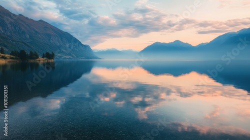 Tranquil Lake Surrounded by Mountains Reflecting the Scenery in the Water During Sunset