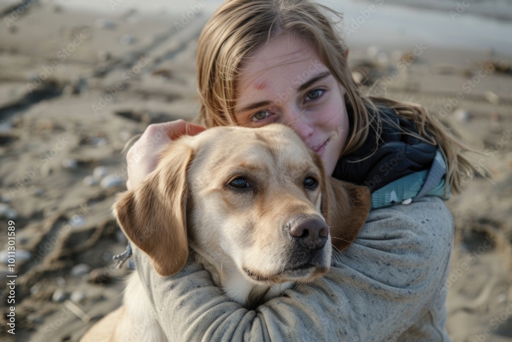 Dog People. Tender Woman Embracing Labrador on Beach. Pedigreed Dog and Attractive Owner Dog People. Tender Woman Embracing Labrador on Beach. Pedigreed Dog and Attractive Owner
