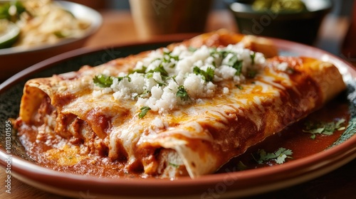 Wallpaper Mural Mexican enchiladas on a plate, covered in cheese and savory sauce, representing a traditional and delicious meal. Torontodigital.ca