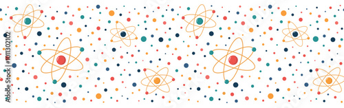 Seamless border pattern with abstract atoms and orbital electrons. Scientific research, physics concept. Seamless background. Isolated on white background