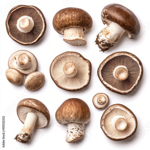 Collection of Fresh Porcini (Boletus Edulis), buttton and shitake Mushrooms with Soil and Whole Varieties – Gourmet Wild Fungi Isolated on white Background for Culinary and Foraging concept photo