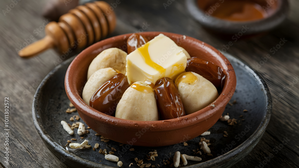 A small, rustic clay dish filled with Areeka, a soft dessert made from dates and honey, garnished with a pat of melting butter for added richness.
A small, rustic clay dish filled with Areeka, a soft dessert made from dates and honey, garnished with a pat of melting butter for added richness.