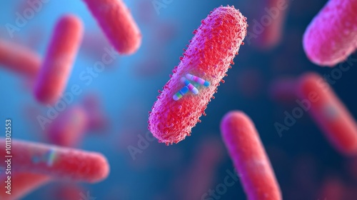 Microscopic bacteria with antibiotic resistance, scientific detail, 3D illustration