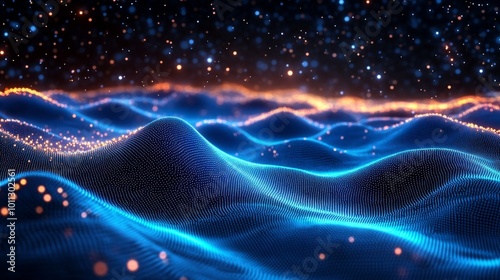 A vector abstract futuristic digital landscape featuring particles, dots, and stars on the horizon, illustrating a computer-generated geometric digital connection structure with a vibrant blue grid